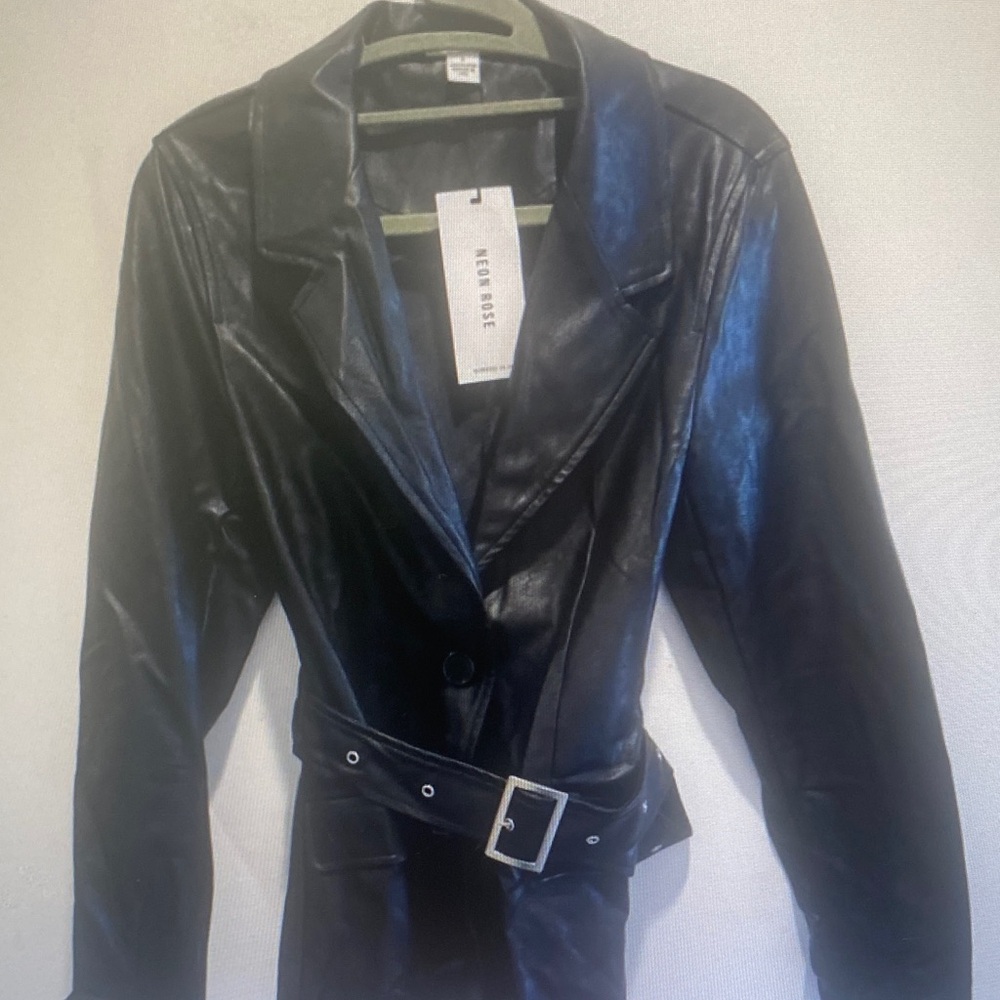 Neon Rose Black Faux Leather Belted Blazer Jacket